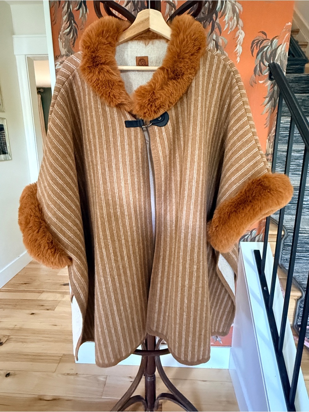 Camel Stripe Wool Cape with Faux Fur Trim